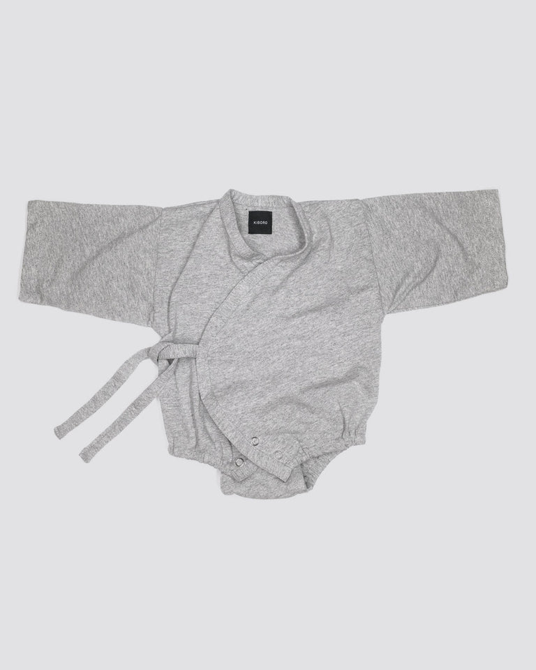 Soft gray kimono onesie for newborns and babies