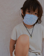 Load image into Gallery viewer, Mask for toddlers and kids. Held with 4 ties.  blue flowers