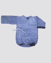 Load image into Gallery viewer, Baby Winter Kimono Onesie - Light Vintage Denim Fleece Interior
