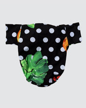 Load image into Gallery viewer, Baby kimono onesie black with white dots and leaves and fruits 
