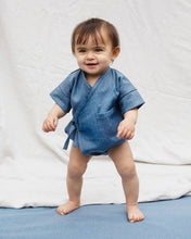 Load image into Gallery viewer, Premium Upcycled Denim Pocket Kimono Onesie for babies with a pocket detail.