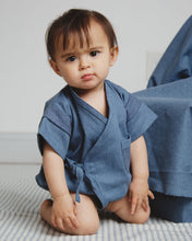 Load image into Gallery viewer, Premium Upcycled Denim Pocket Kimono Onesie for babies with a pocket detail.