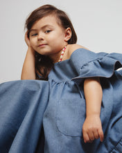 Load image into Gallery viewer, Girl Denim dress with ruffle edged hem and ruffle shoulders details.