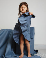 Load image into Gallery viewer, Girl Denim dress with ruffle edged hem and ruffle shoulders details.