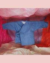 Load image into Gallery viewer, Kimono reversible jacket kids. Stripes and denim. Gender Neutral