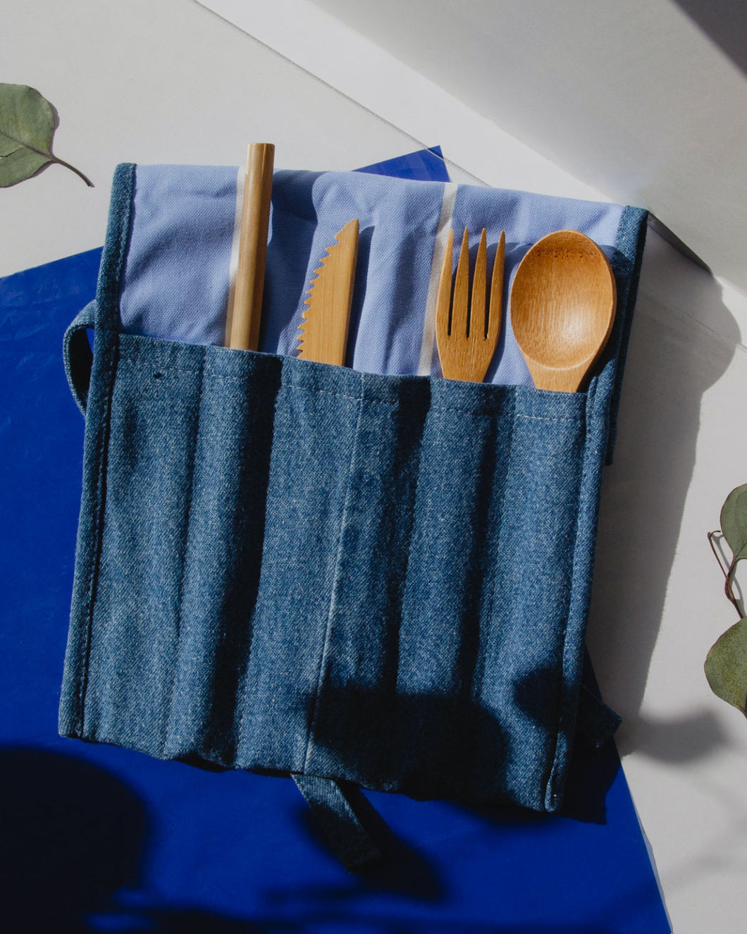 denim roll kit for cutlery. Bamboo utensils  