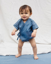 Load image into Gallery viewer, Premium Upcycled Denim Pocket Kimono Onesie for babies with a pocket detail.
