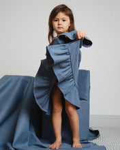 Load image into Gallery viewer, Girl Denim dress with ruffle edged hem and ruffle shoulders details.
